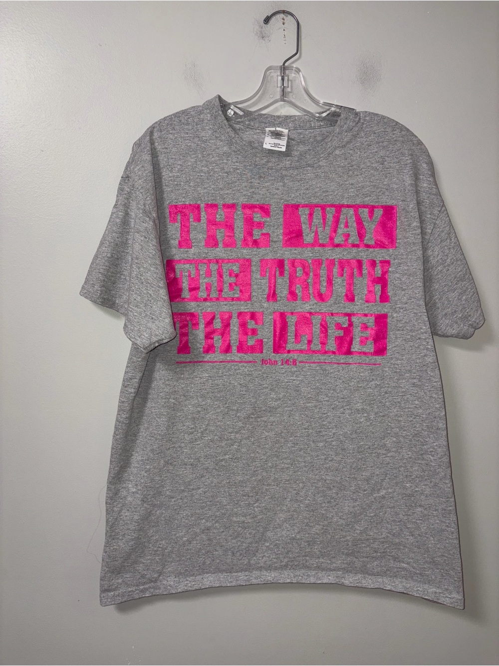 Gildan Gray Pink The Way The Truth The Life John 14:6 Christian Religious Tee L